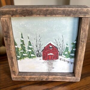 Rustic Red Barn Winter Scene Framed Art